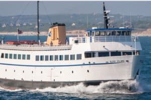 One of the Block Island ferries traveling to the island to drop off passengers at Old Harbor in New Shoreham.