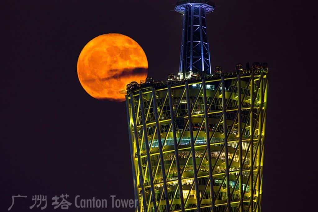 The Canton Tower Bubble Tram at night.