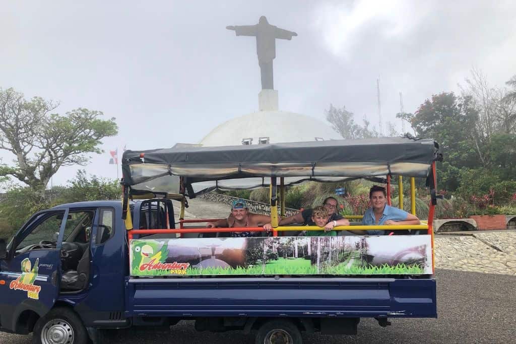 In the tour "bus" beneath Christ the Redeemer on the mountain top.