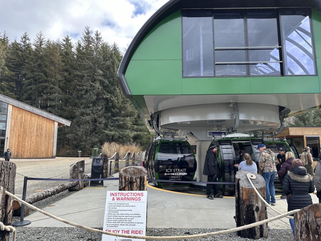 The green gondola is free to ride to the next area and brings you over the climbing course as you skim by above the trees.