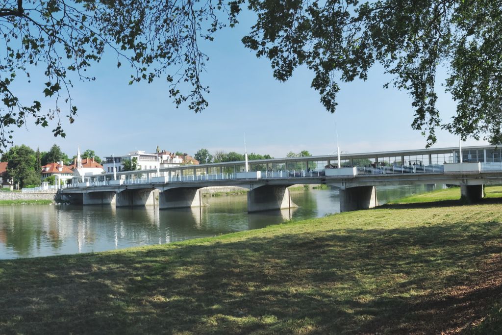 Walk across the covered bridge from Spa Island to the town area.