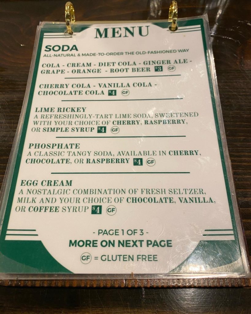The menu for the soda fountain at Green Line Apothecary