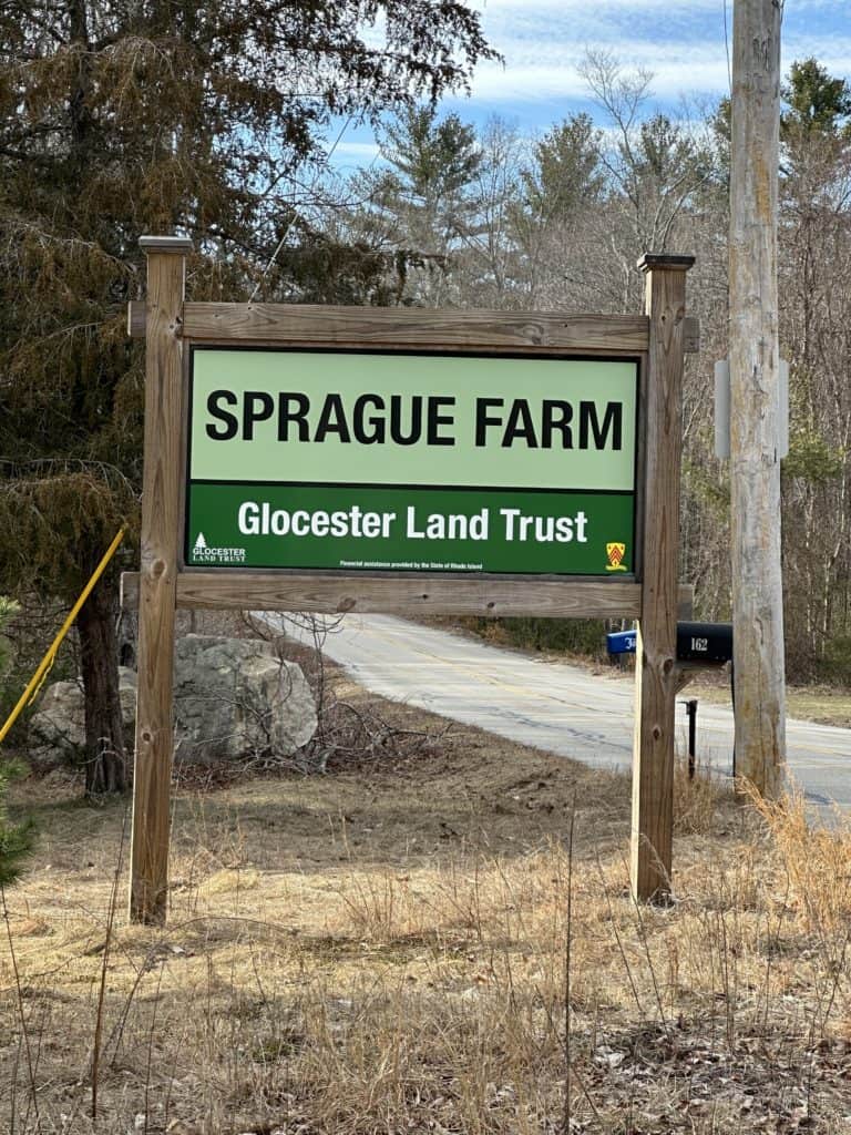 The sign for Sprague Farm hiking trails in Chepachet.