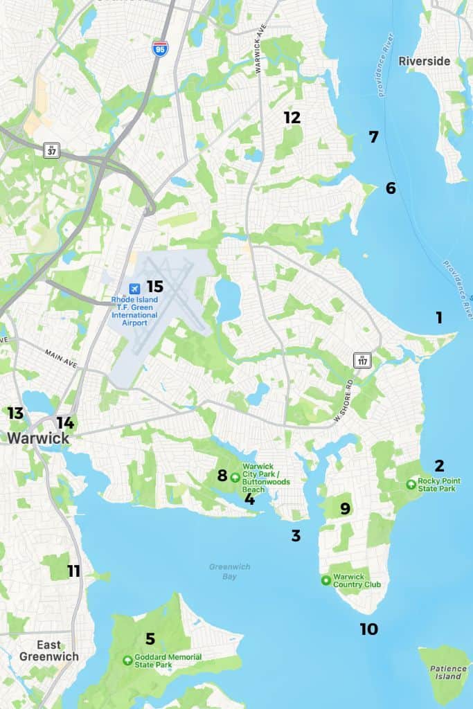 Here is a numbered map to match the numbered Things to Do in Warwick RI
