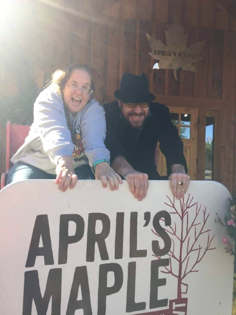 Taking silly pictures in the sleigh on the front porch is always fun at Aprils Maple in Canaan, Vermont.