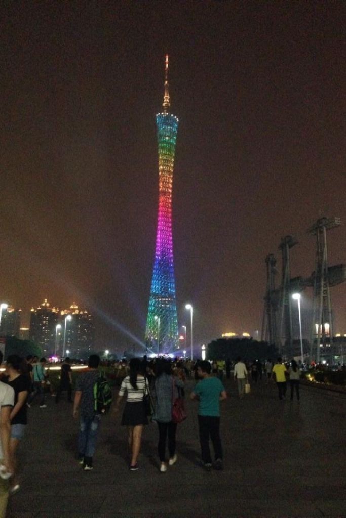 The Canton Tower lit up at night, a symbol of the city of Guangzhou.