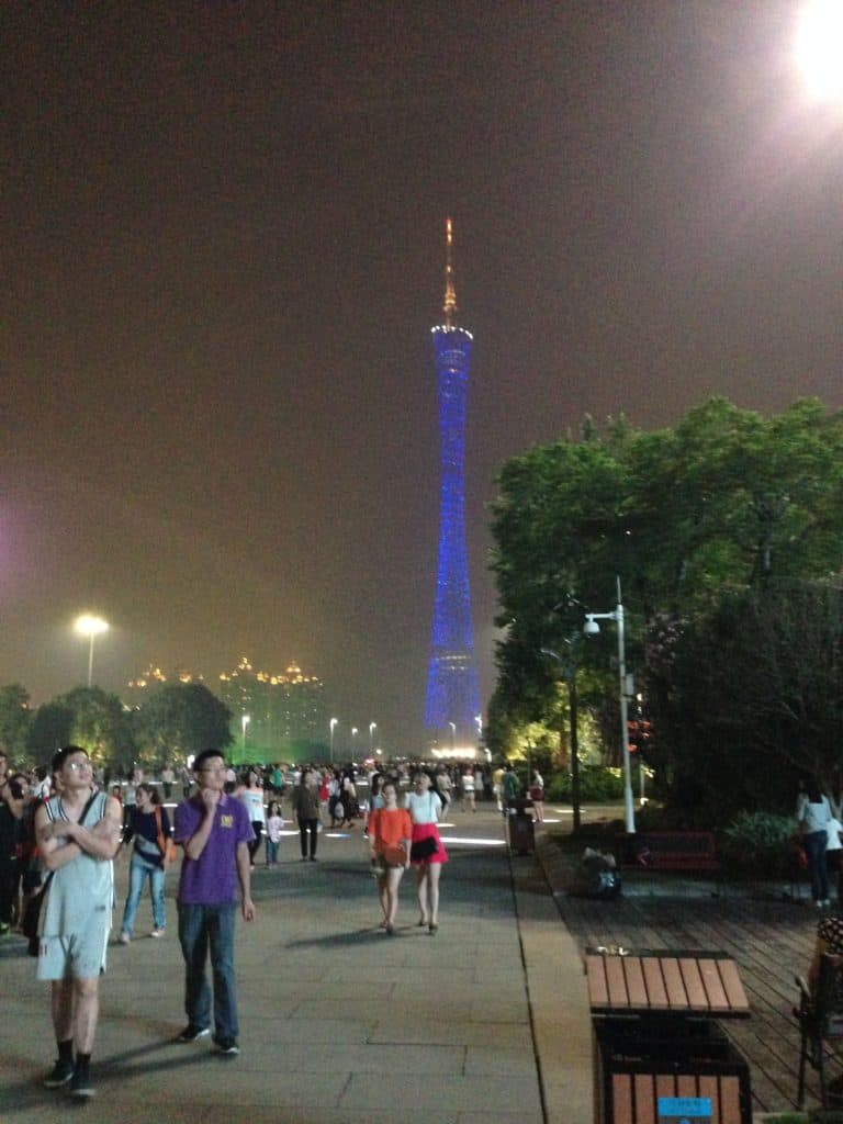 The Canton Tower is visible from the park in Zhujiang New Town.