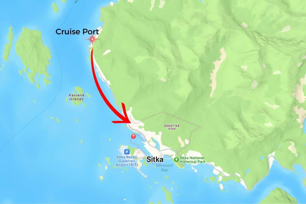 Colorful map of Sitka Alaska showing the downtown area and the cruise port.