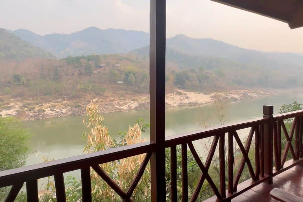 View from the deck at the Mekong Riverside Lodge overlooking the river and the elephant sanctuary across the river