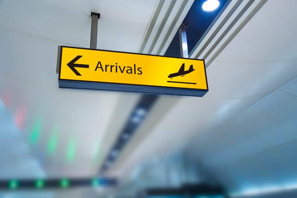 The yellow arrivals sign at Kuala Lumpur International Airport