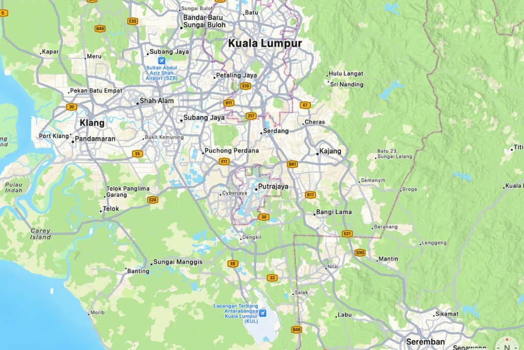 Map of the Kuala Lumpur area including the main airport south of the city.