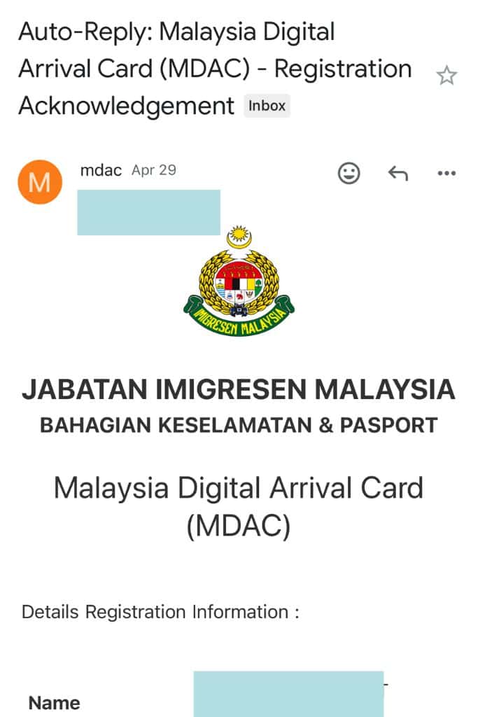 The MDAC email I received after applying for entrance to Malaysia online