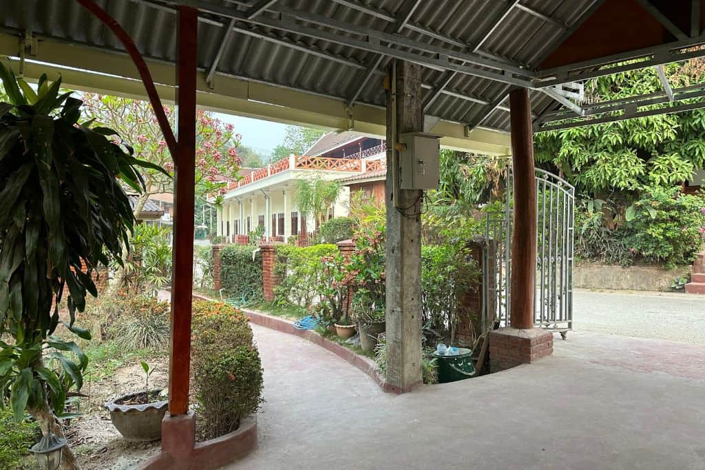 The Mekong Riverside Lodge entrance in Pakbang.