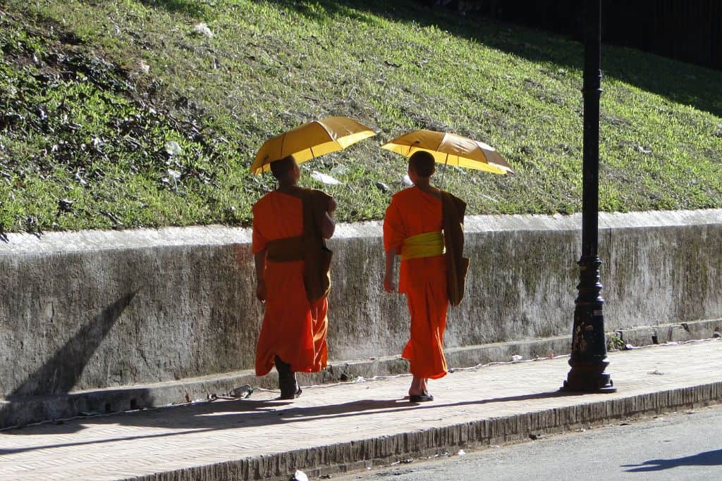 2 monks dressed in orange robes walking down the road.