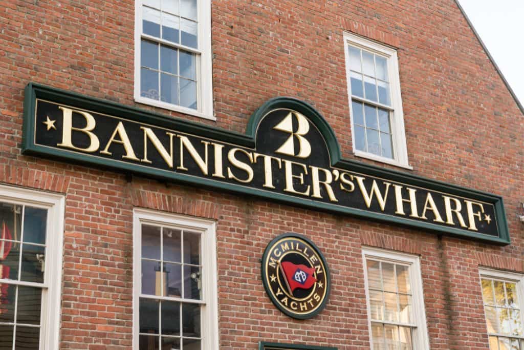 Bannister's Wharf brick facade near the shops and restaurants along the Newport waterfront