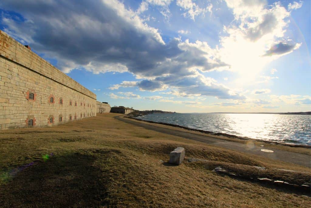 Fort Adams brick walls seen in the glow of the sun along Newport Harbor