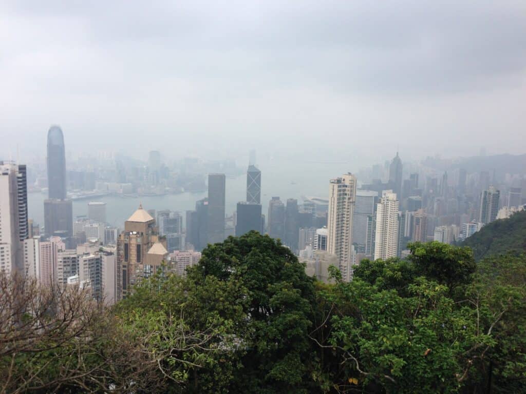 The view of the city of Hong Kong from the top of Victoria Peak.