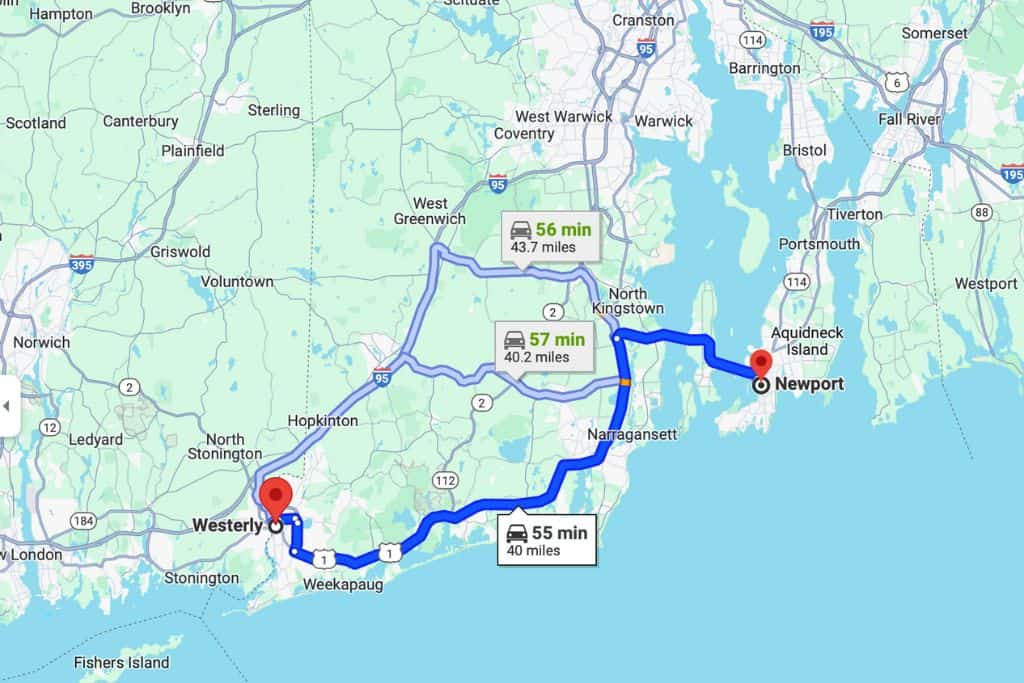 The car route showing the ways to drive between Westerly Rhode Island and Newport Rhode Island