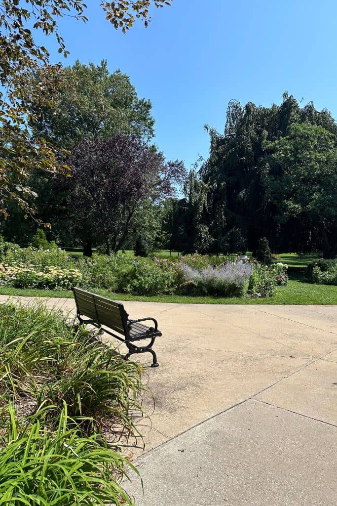 A bench along the paved walkway in Wilcox Park in Westerly, Rhode Island