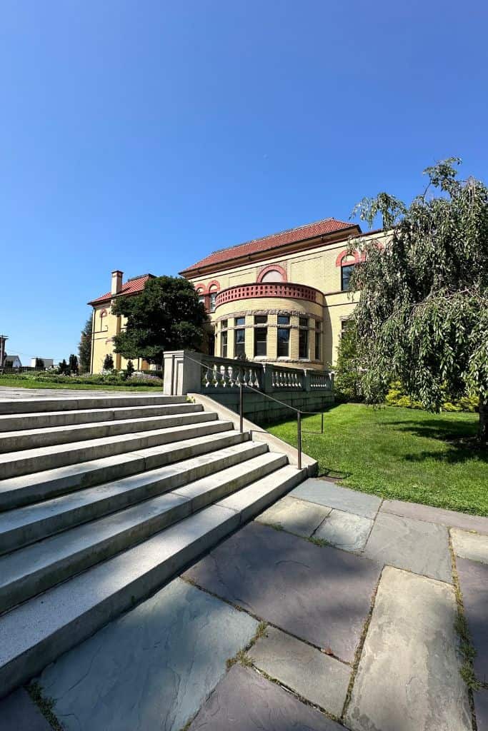 The steps leading down to Wilcox Park from the Westerly Public Library