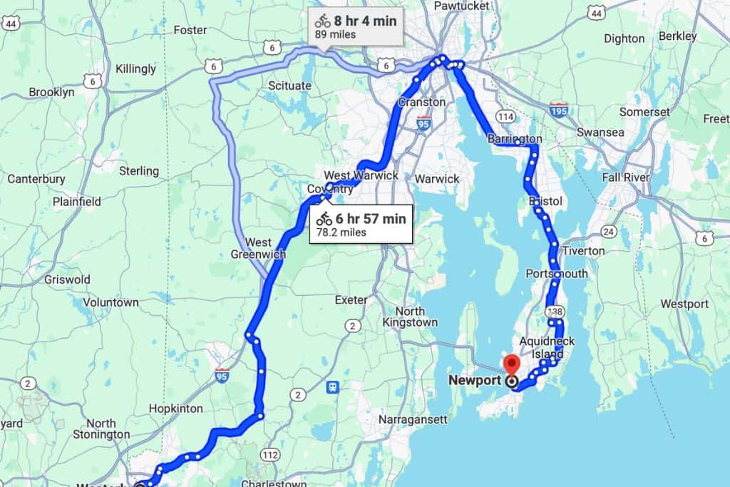 2 bike routes between Westerly Rhode Island and Newport Rhode Island