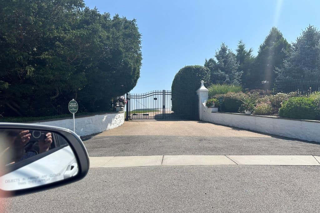 The closed and guarded gate to Taylor Swift's home in the Watch Hill area of Westerly, Rhode Island