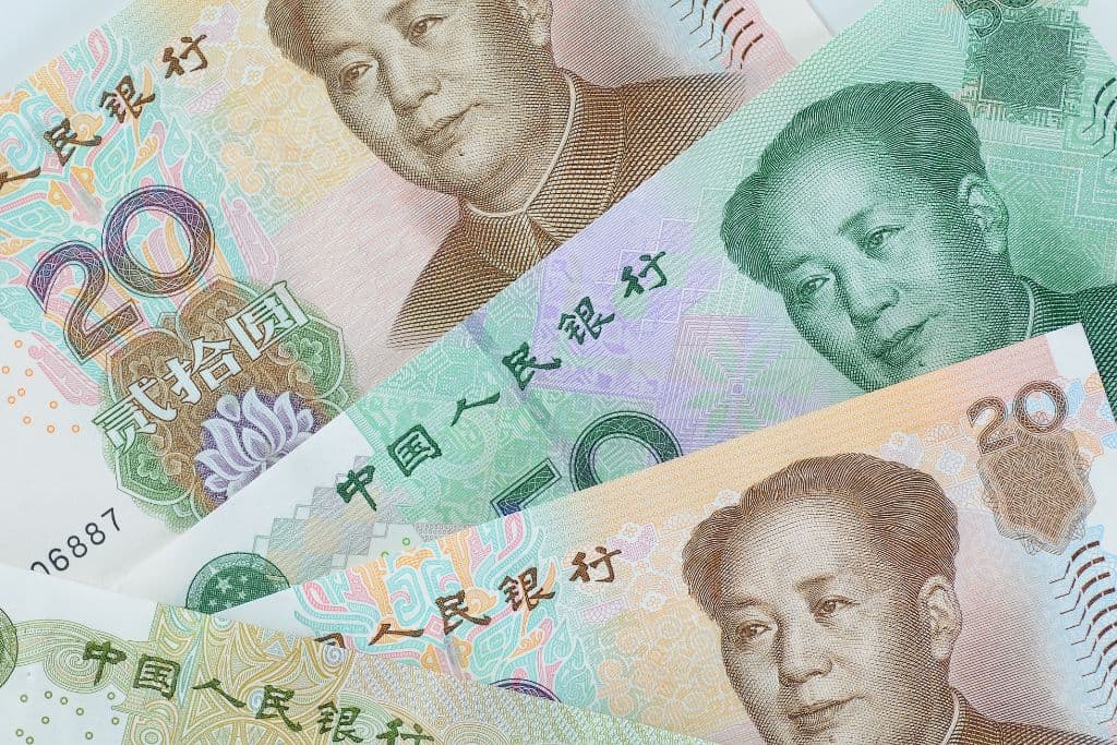 Assorted colorful RMB bills to use as paper money in China.