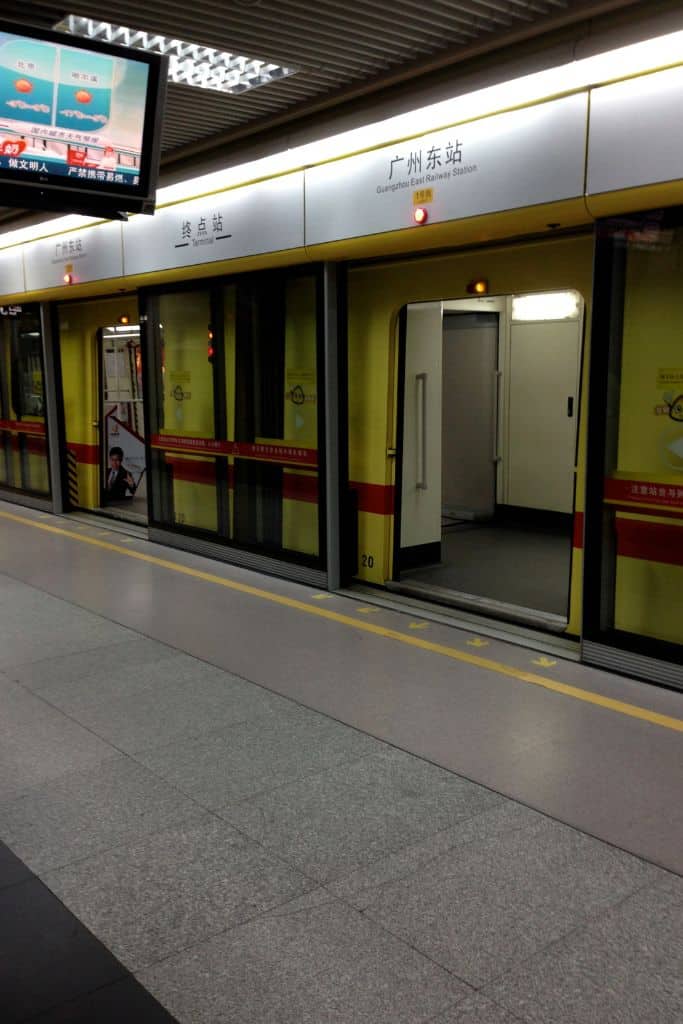 The open door to the subway car in the station in Guangzhou, China.