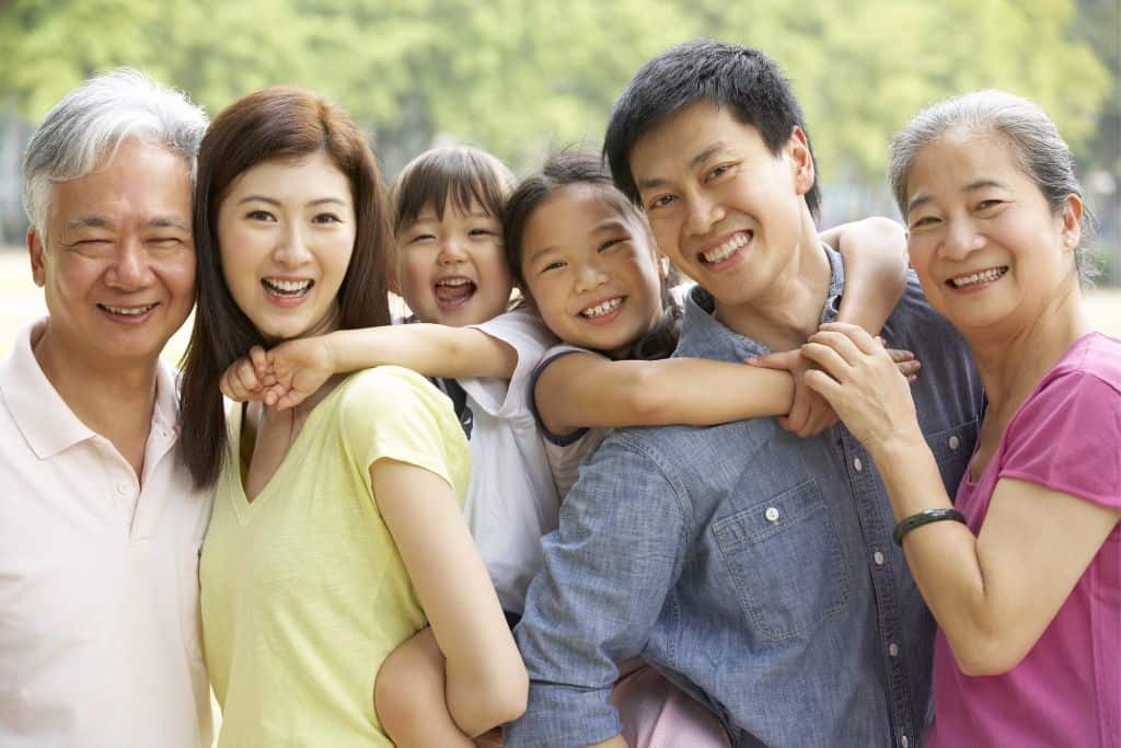 A Chinese family with Mom, Dad, 2 children, Grandmother and grandfather.