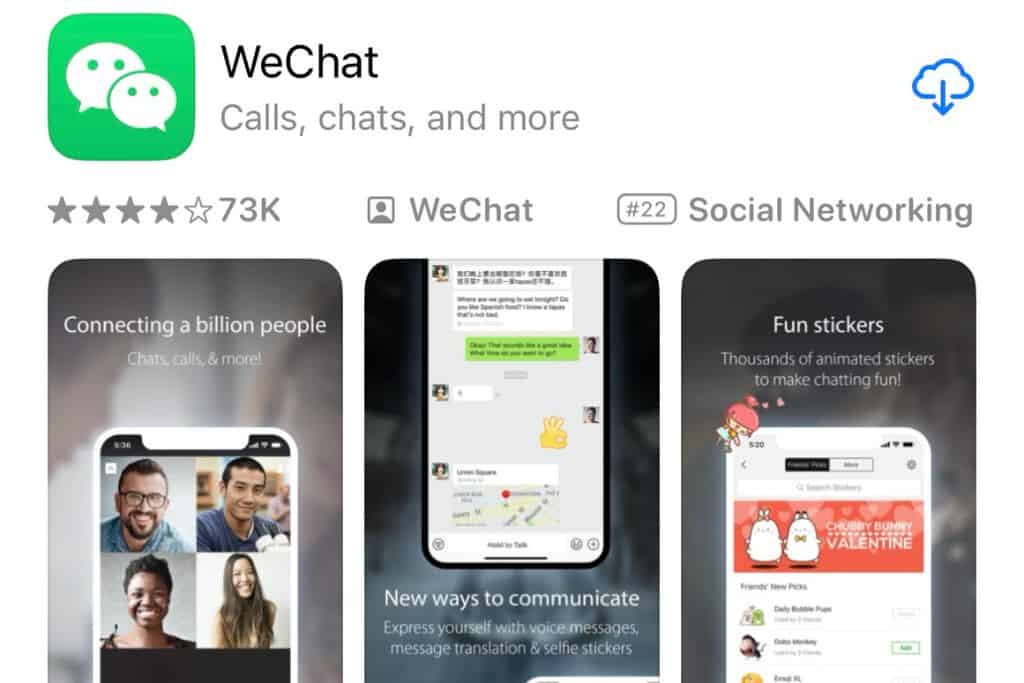 A picture of the WeChat app to download from the Apple Store to your phone.