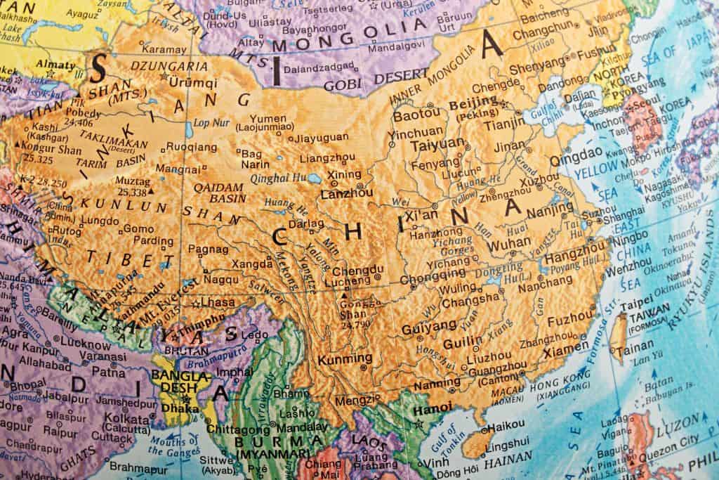 A map of China from an old-style round globe.