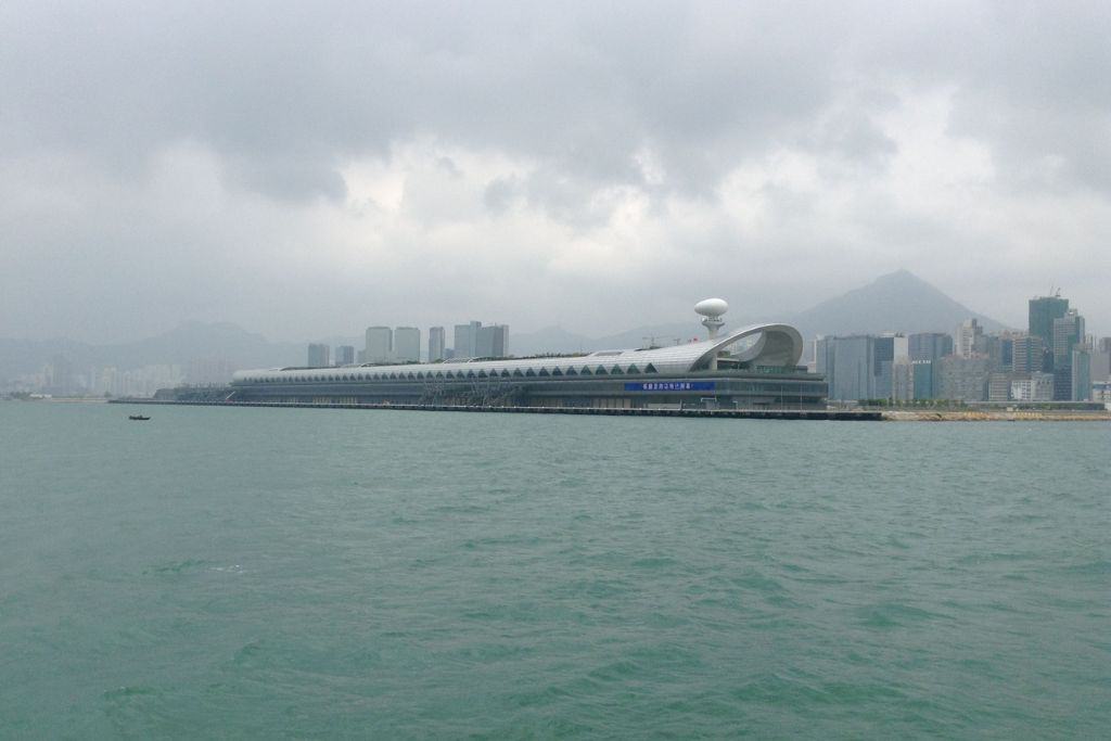 A picture taken from the harbor in Hong Kong looking at the old site of the airport.