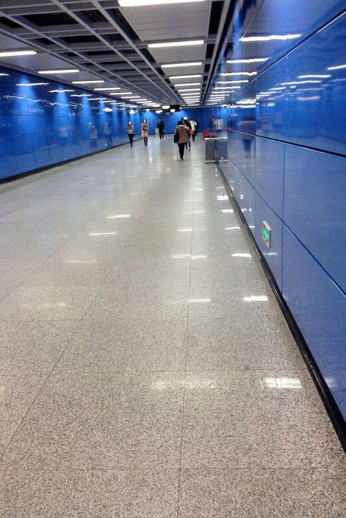 The clean subway with sparkling floors and no trash to be seen.